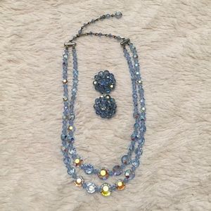 Vintage Blue Beaded Necklace and Clip Earring Set